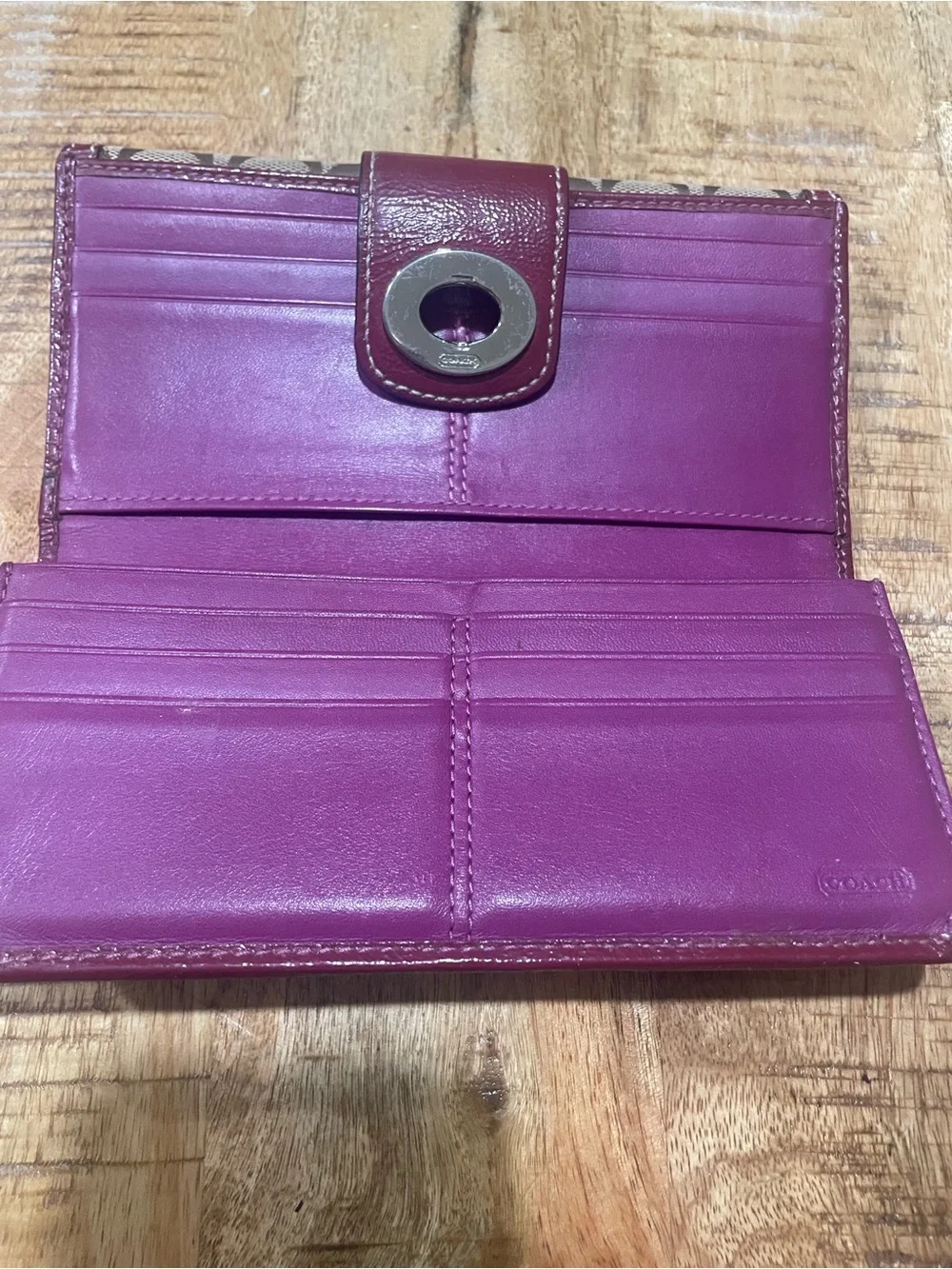 Vintage Coach Signature Canvas Card Wallet with Magenta Leather Trim